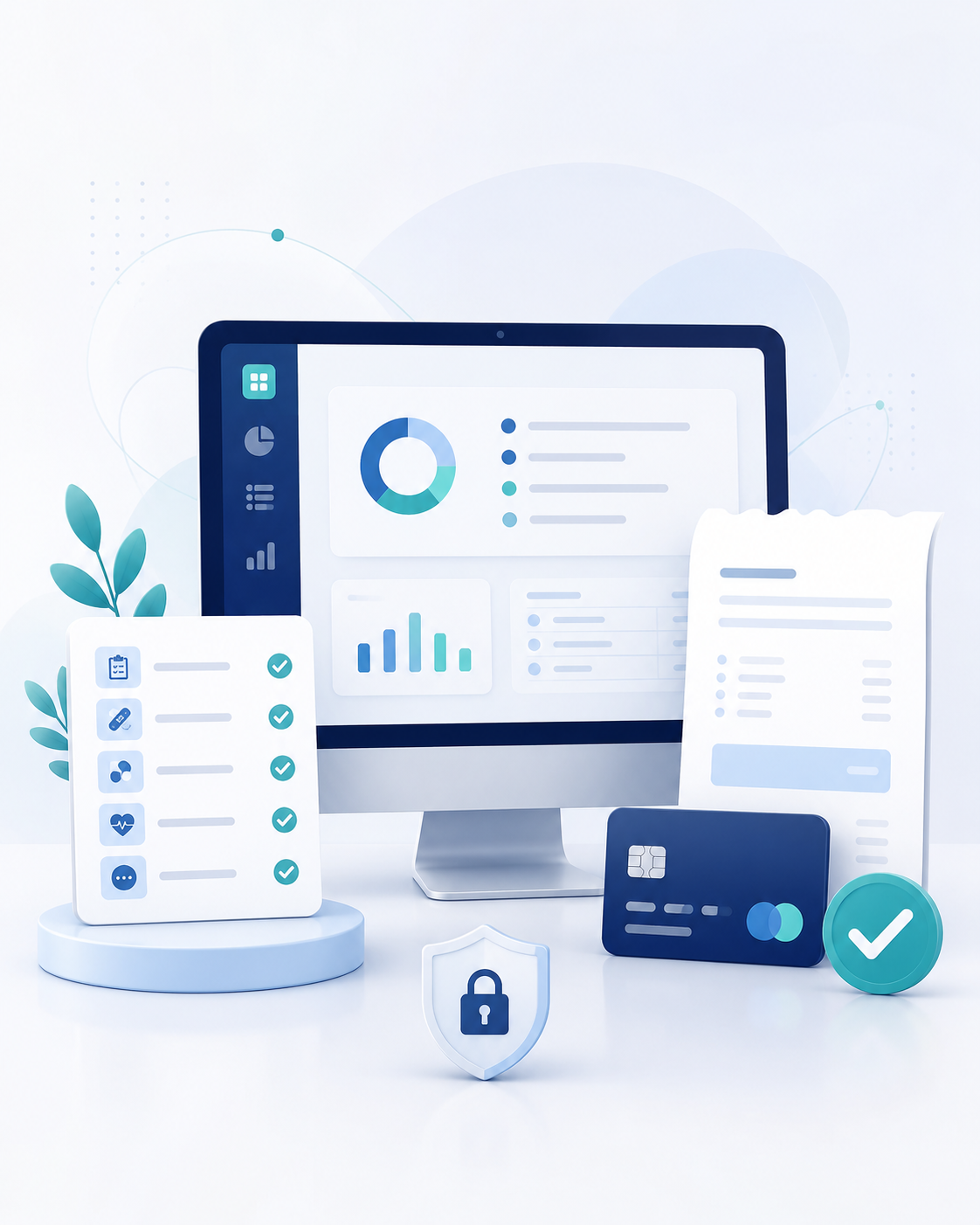 Clinic dashboard, service checklist, invoice, payment card, and security shield representing uninsured service management for clinics