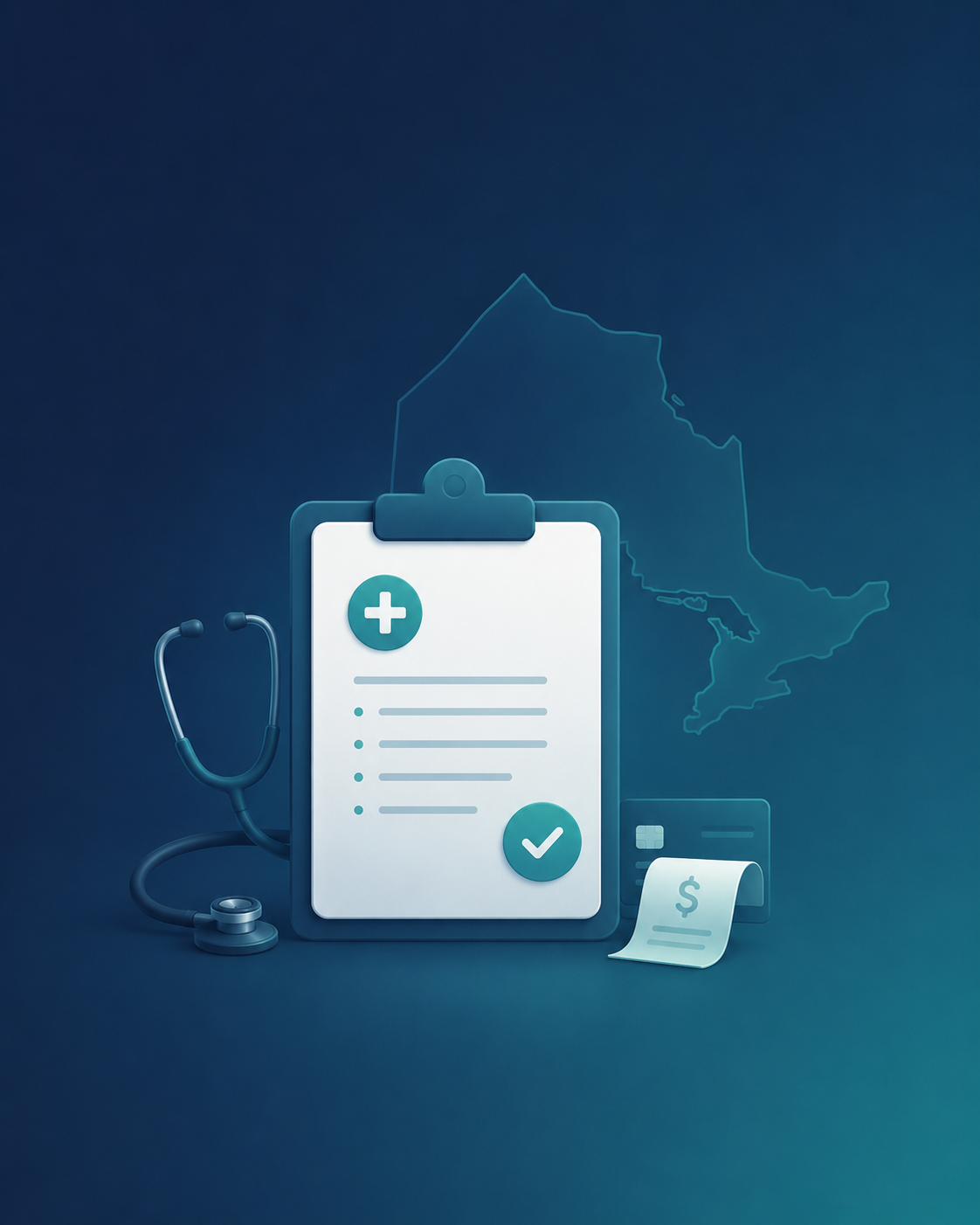 Medical clipboard, stethoscope, and billing receipt representing uninsured medical services in Ontario